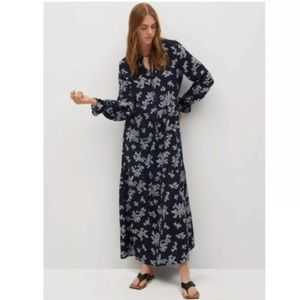MANGO women's blue pink leaf‎ print round neck long sleeve long maxi size 2 NWT